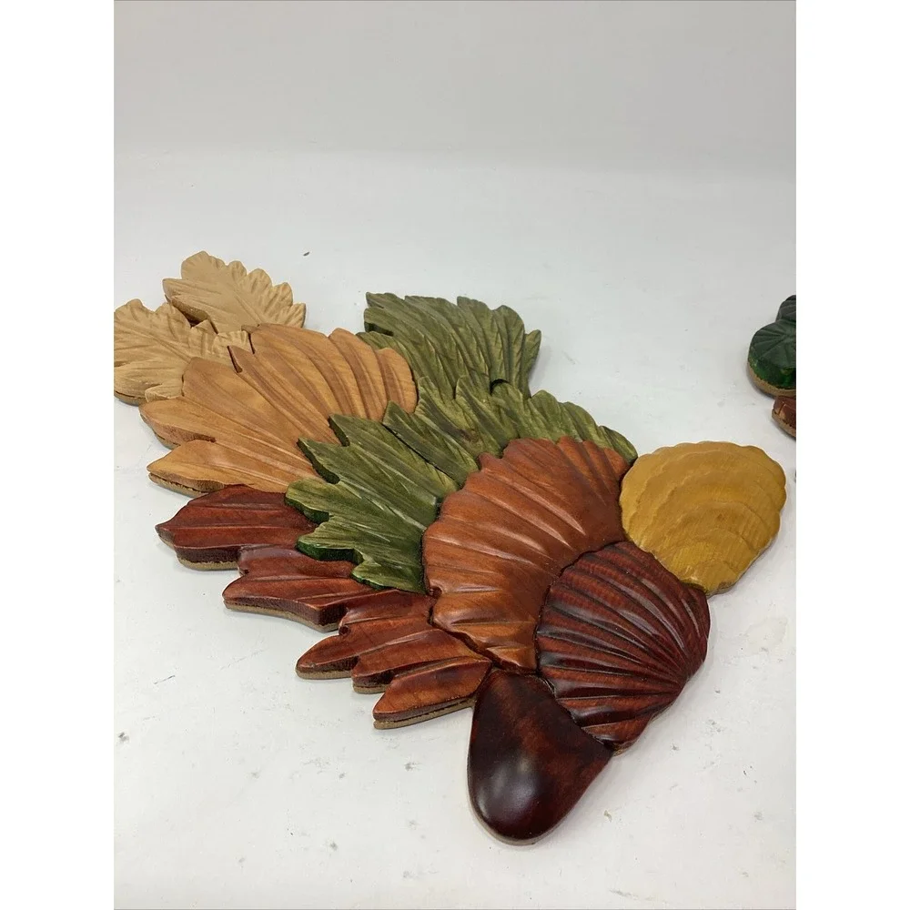VTG Carved Wooden Tropical Botanical Wall Art Bohemian Decor Lot Of Two 11